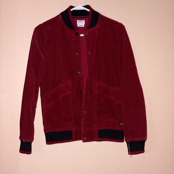 Red & Black corduroy RVCA bomber jacket button front vintage skater long sleeve - Picture 7 of 16
